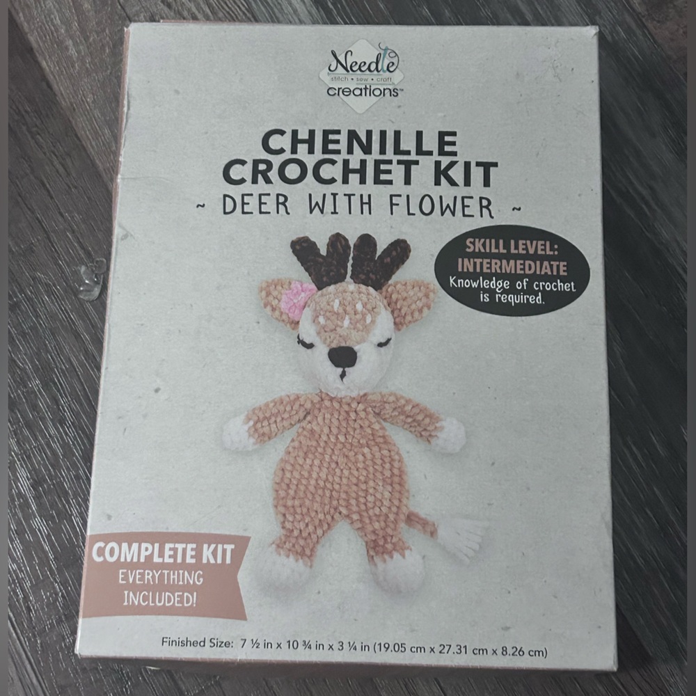 Needle Creations Chenille Crochet Kit to make a deer plush toy. HG103